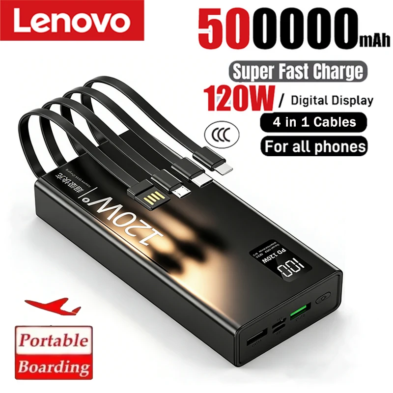 Lenovo 4-in-1 Power Bank 120W 500000mAh High Capacity With Cables Super Fast Charging Portable Charger For iPhone Samsung 2026