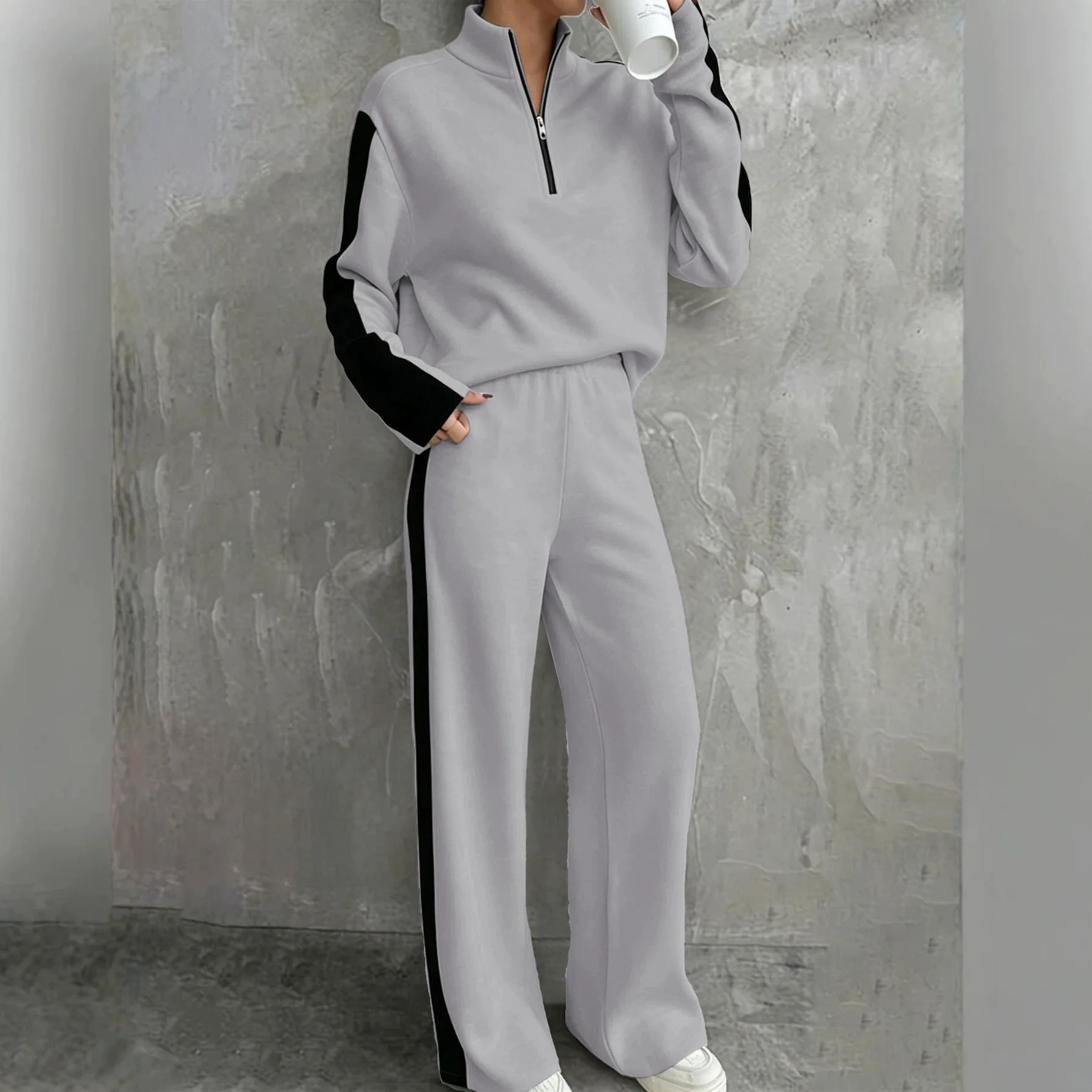 2026 Women's Fashion Random Patchwork Zipper Half-neck   Pullover Sweatshirt And Sweatpants Set Wedding Dress Clothes Clothing