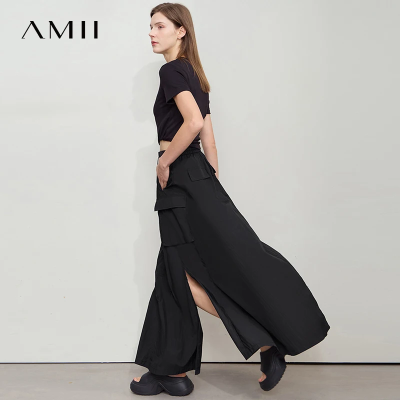 AMII Vacanza Gonna Lunga 2025 Donne di Estate Allentato Protezione Solare Office Lady Tasche Solide Elastico in Vita Cavo Gonna con Spacco 12542106