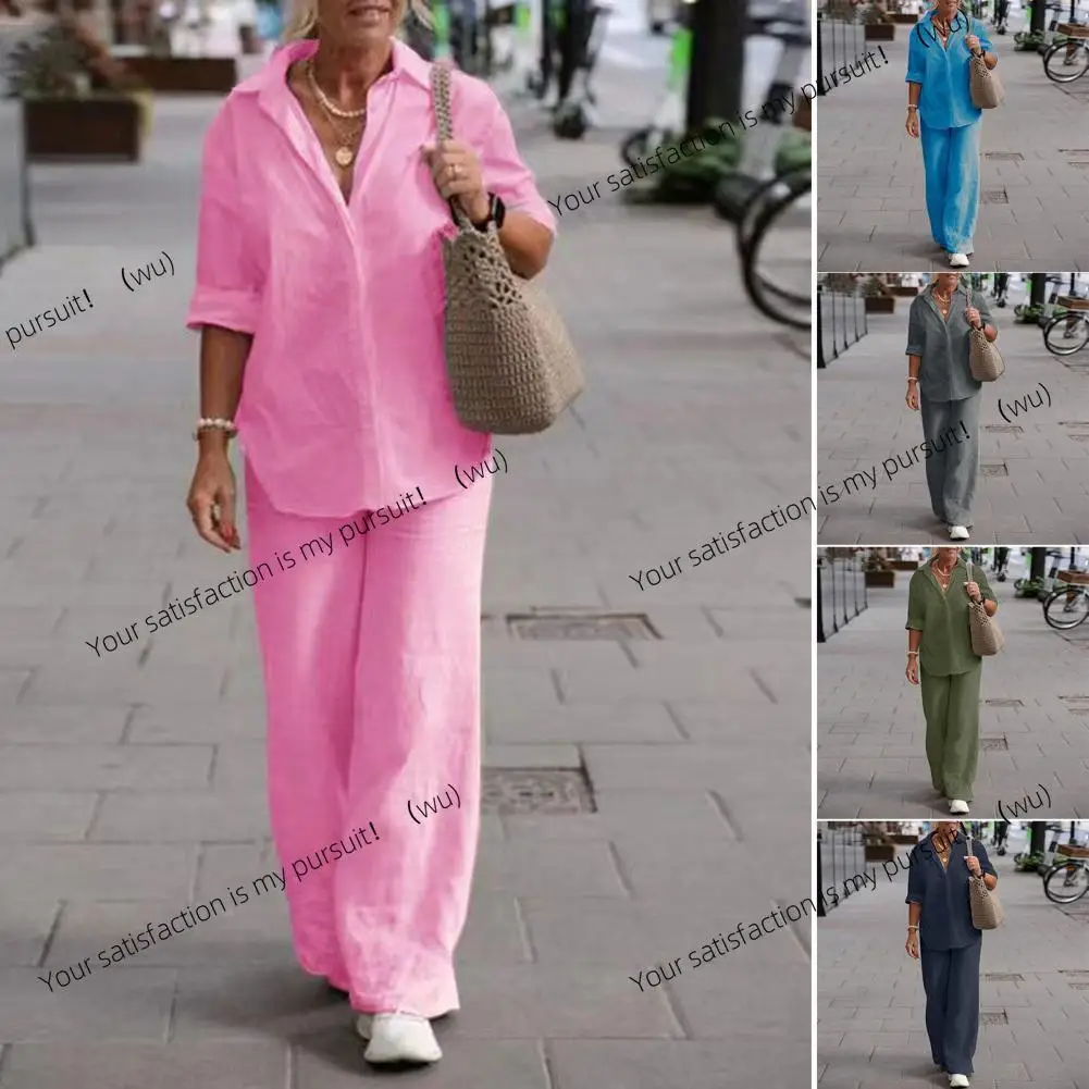 

ZOCI-Women's two-piece set, lapel collar long-sleeved shirt, spring and autumn casual solid-color pants, wide-leg set.