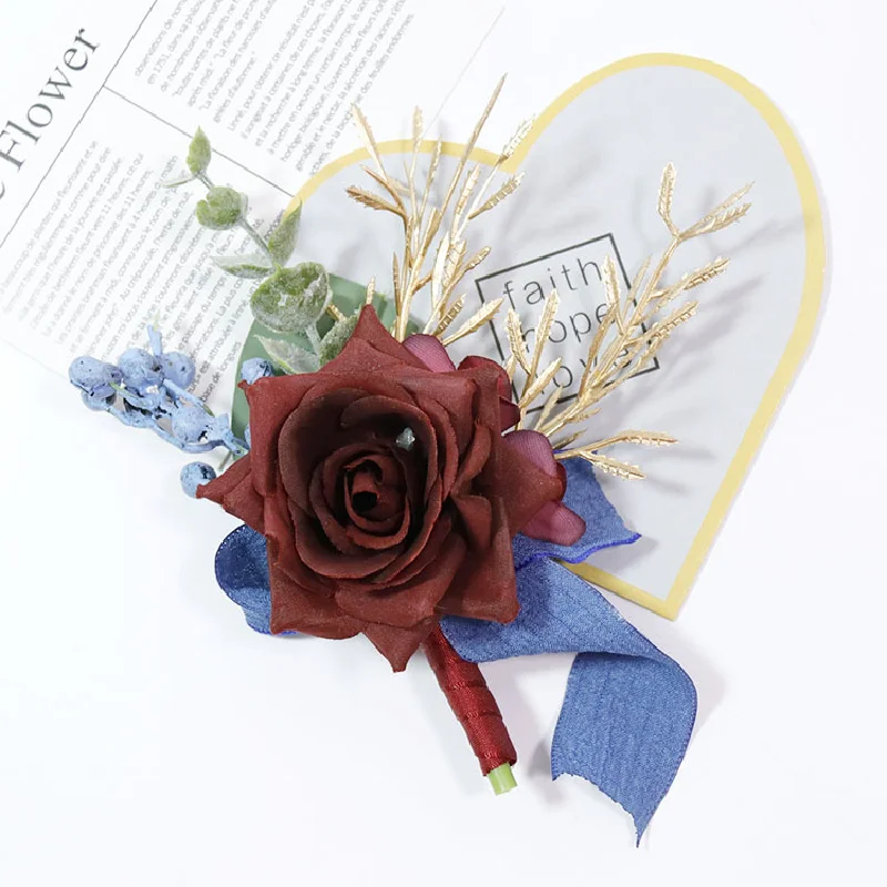 Boutonniere และข้อมือ corsag งานแต่งงานดอกไม้ดอกไม้เทียมธุรกิจฉลองแขกไวน์แดงใหญ่460