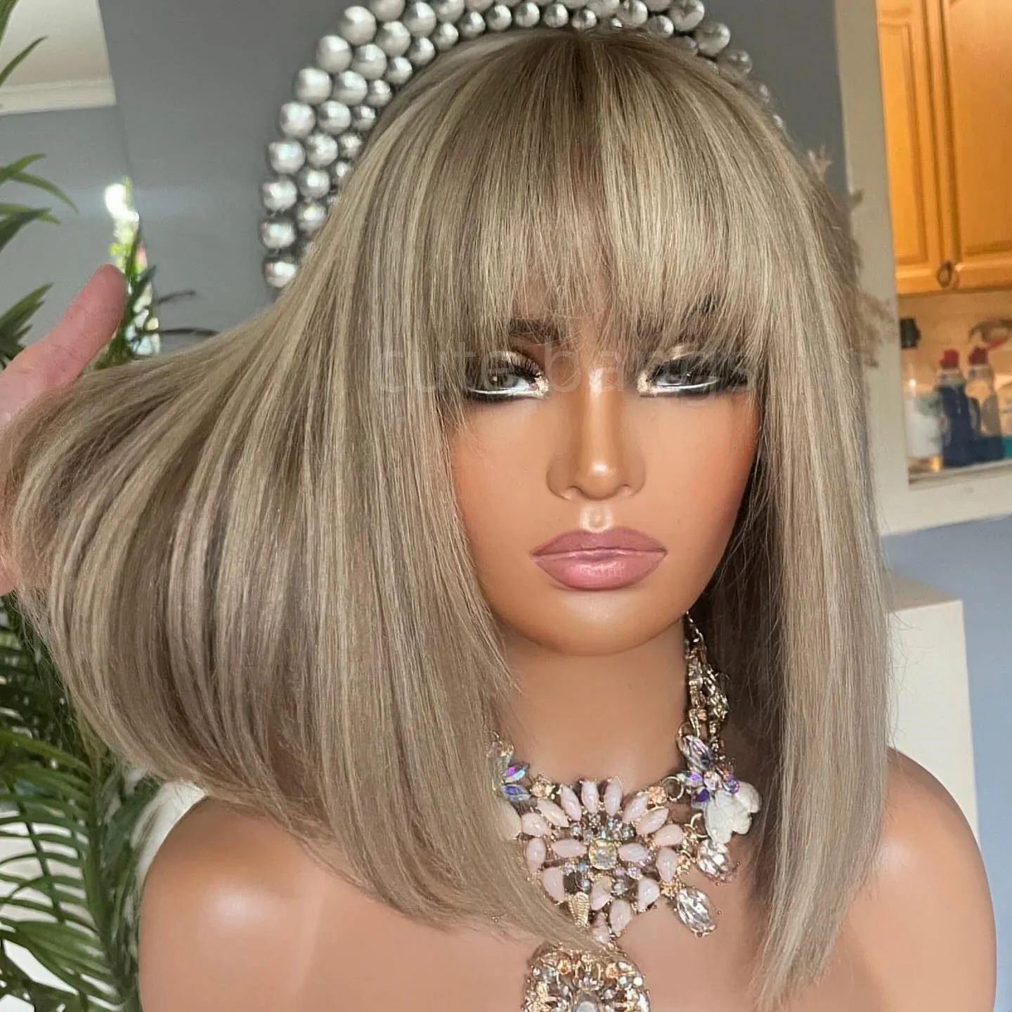 

New In Cute Bangs Wig Ash Blonde Balayage Highlights Lace Front Wig Melted Roots 100% Virgin Human Hair Short Straight Bob Wig