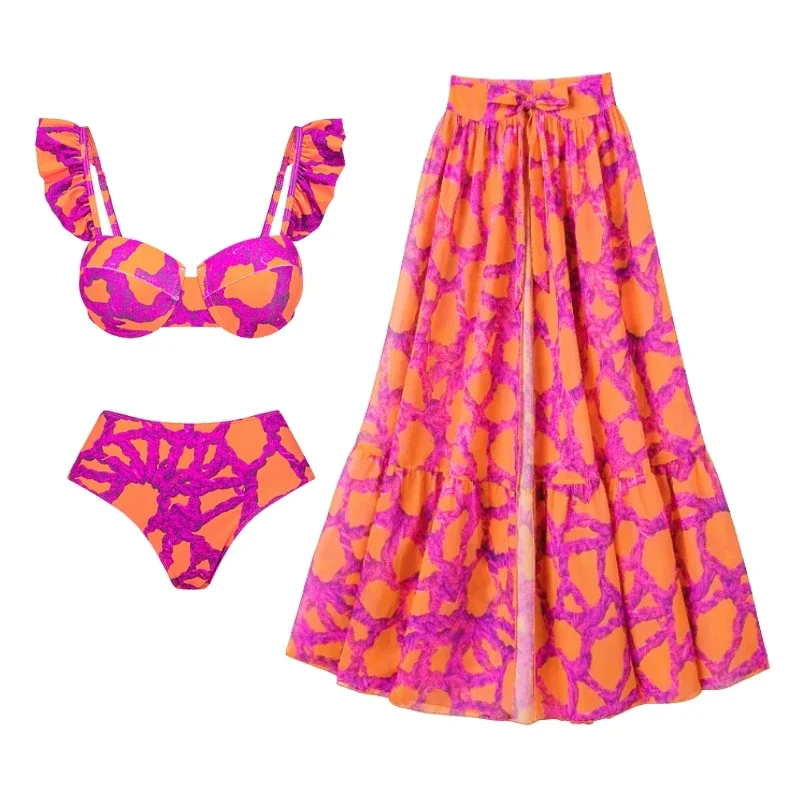 FLAXMAKER Mini Ruffled Printed Bikini Swimsuit and Skirt Summer Swimwear Women Beachwear