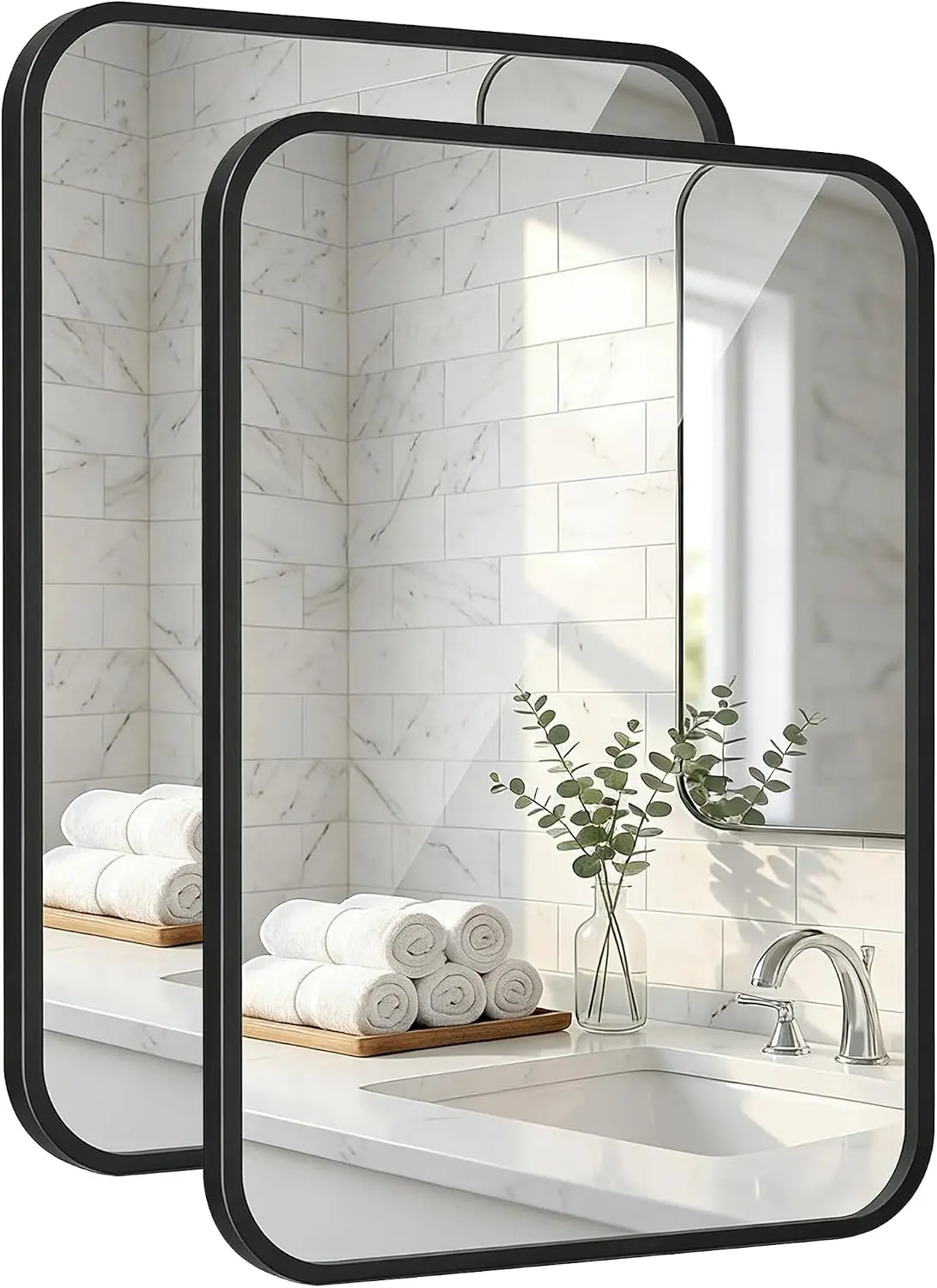 2-Pack 24x36 Inch Matte Black Rounded Rectangle Vanity Mirrors | Double Vanity or Two Bathrooms, Pair or Separate Use, Iron Fram