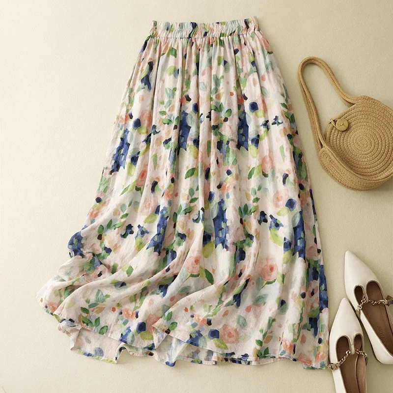 

Vintage Women Skirts New Spring/summer Cotton Linen High Waist Loose Printed Chinese Style Skirt A-LINE Clothing