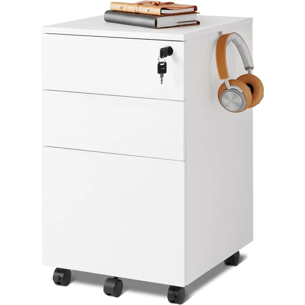 3 Drawer Rolling File Cabinet with Lock, Wood Under Desk Filing Cabinet Fits Letter/Legal/A4 Size for Home Office, White