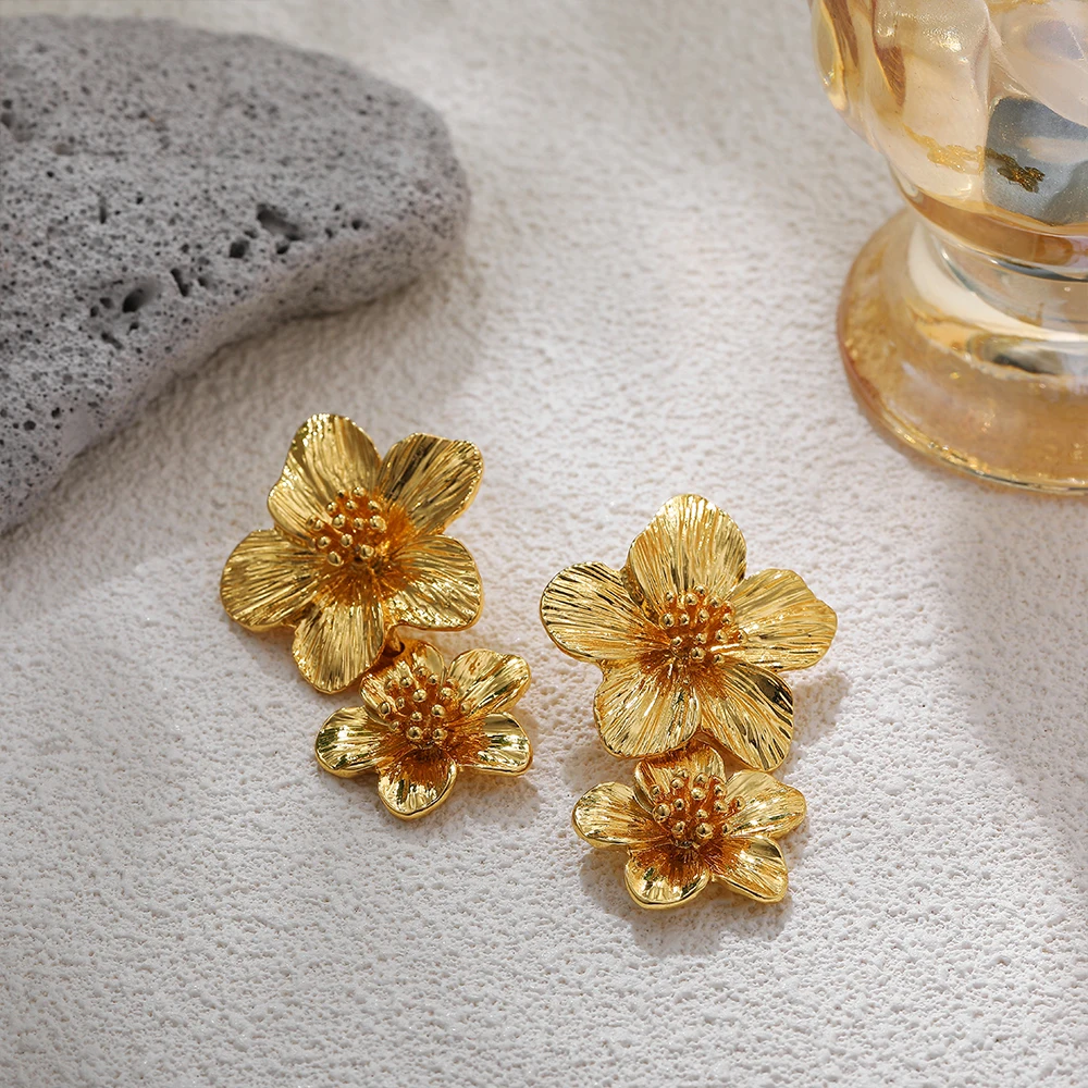 Vintage Stainless Steel Double Flower Drop Earrings for Women Metal Waterproof Statement Gold Color Stylish Tarnish Free Jewelry