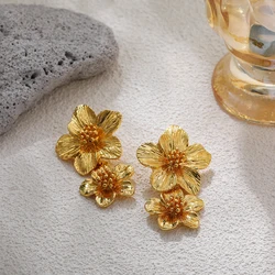 Vintage Stainless Steel Double Flower Drop Earrings for Women Metal Waterproof Statement Gold Color Stylish Tarnish Free Jewelry
