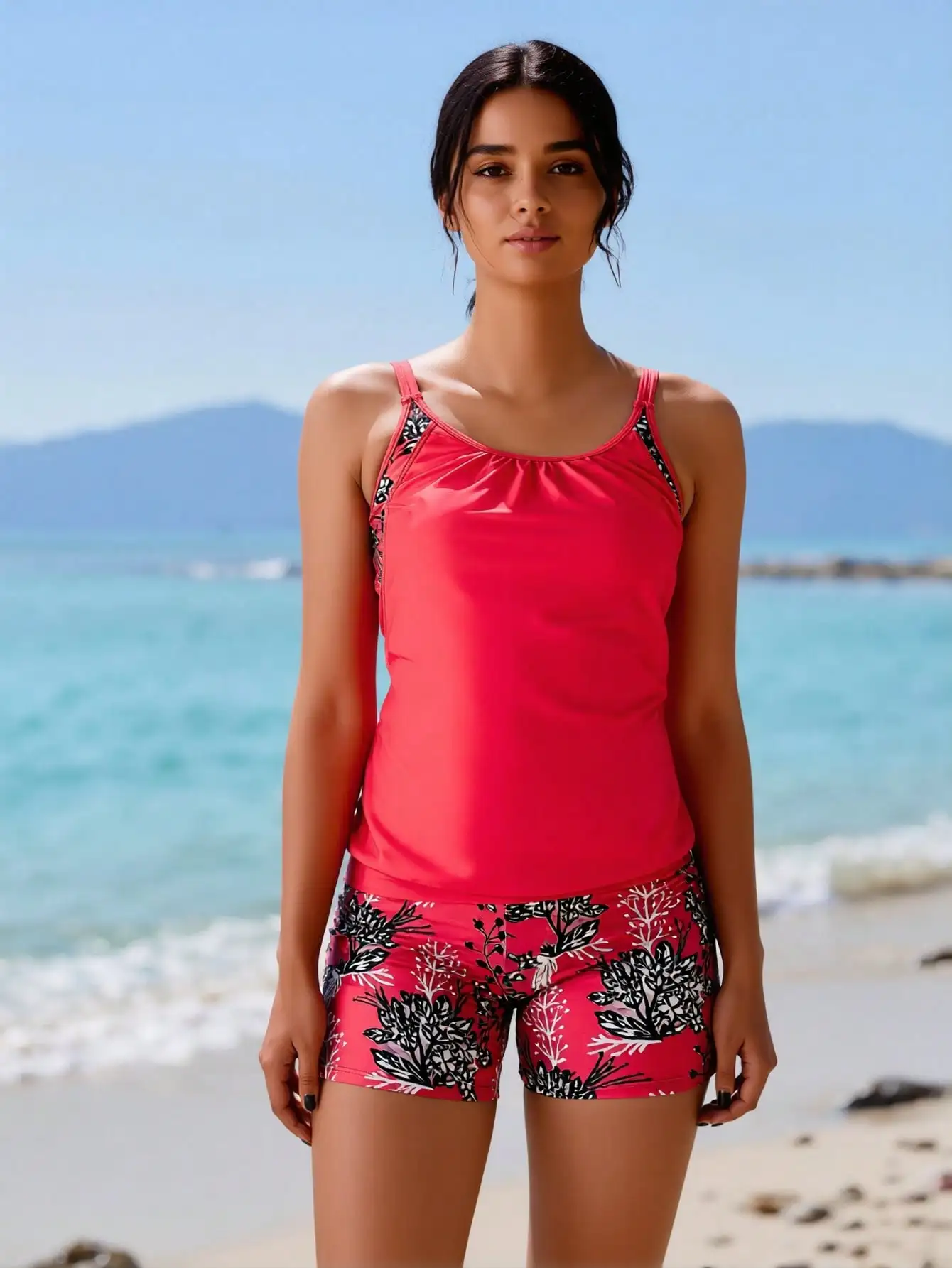 2026 New Women's Sexy Fashion Bright Red Print Patchwork Tummy-Control Two-Piece Boyleg Swimsuit For Vacation & Leisure Swimwear