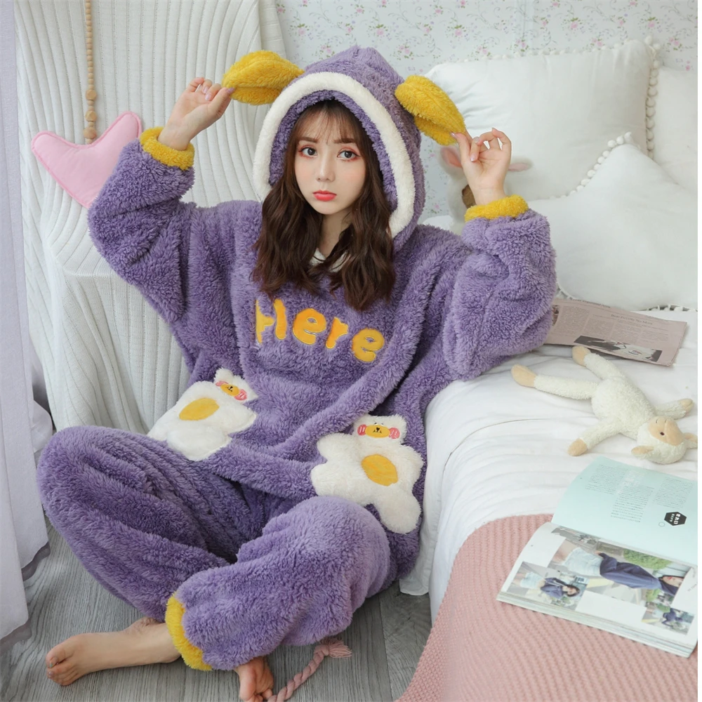 

2023 New Pajamas Women Autumn And Winter Flannel Cartoon Cute And Comfortable Plus Velvet Hooded Suit Home Clothes Women