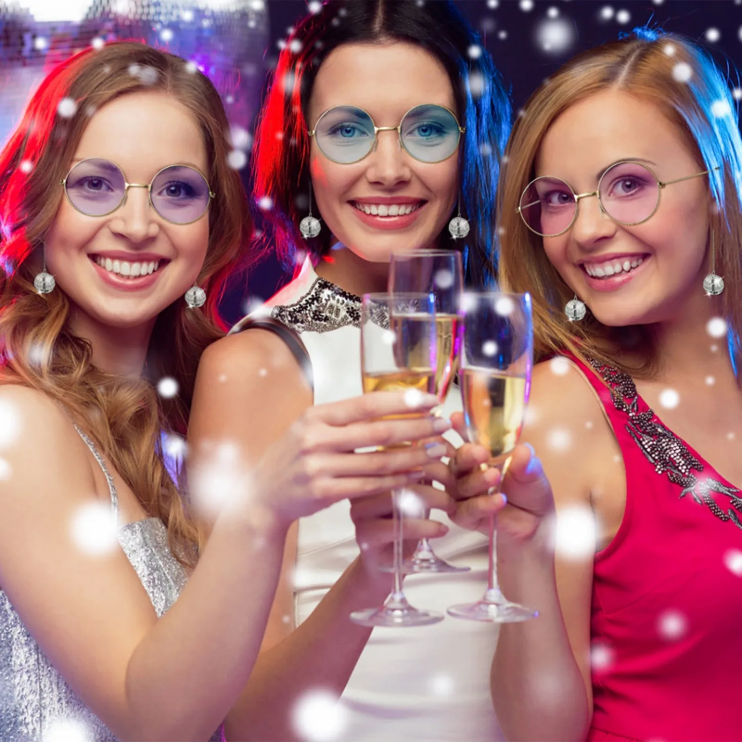 Set de 9 Accesorios de Disfraz para Fiesta Disco Hippie con Pendientes de Gotas Plateadas Brillantes y Gafas de Sol Redondas Retro para Decoración Vintage de los 70