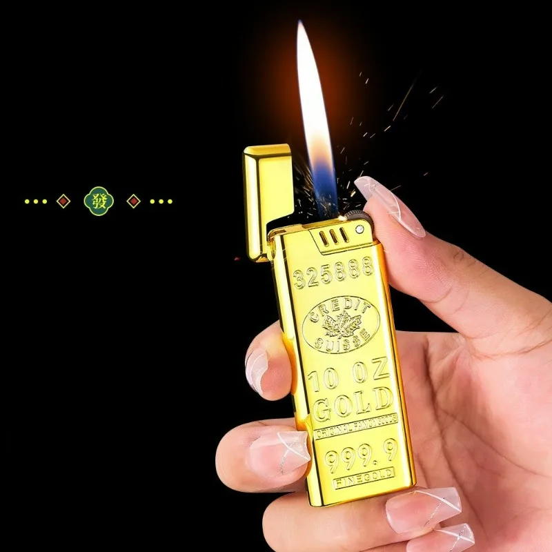 Ultra Thin Gold Bar Design Windproof Open Flame Butane Gas Lighter Classic Grinding Wheel Ignition Outdoor Portable Igniter 8mm - Image 4