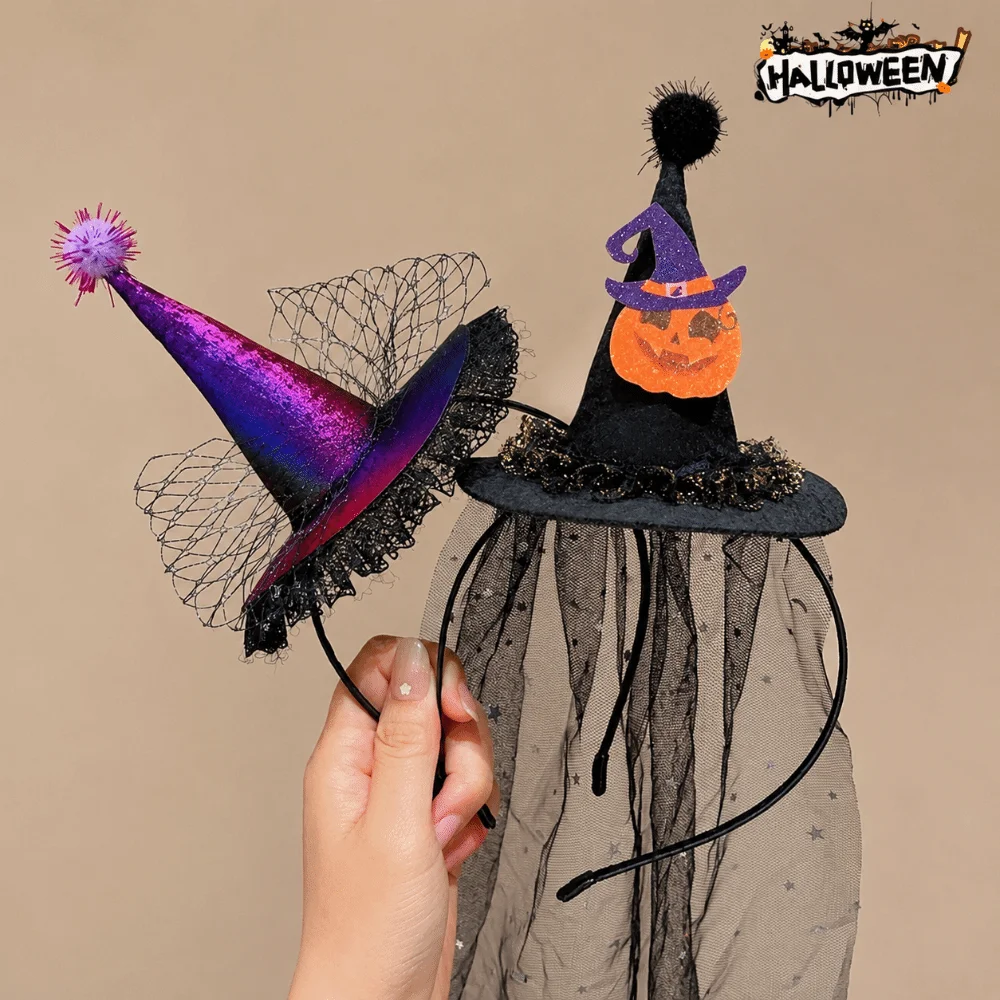 Pointed Hat Halloween Headband Pumpkin Ghost Dress Up Witch Hat Hairband Cosplay Props Lace Ribbon ‌Children's Hair Hoop‌