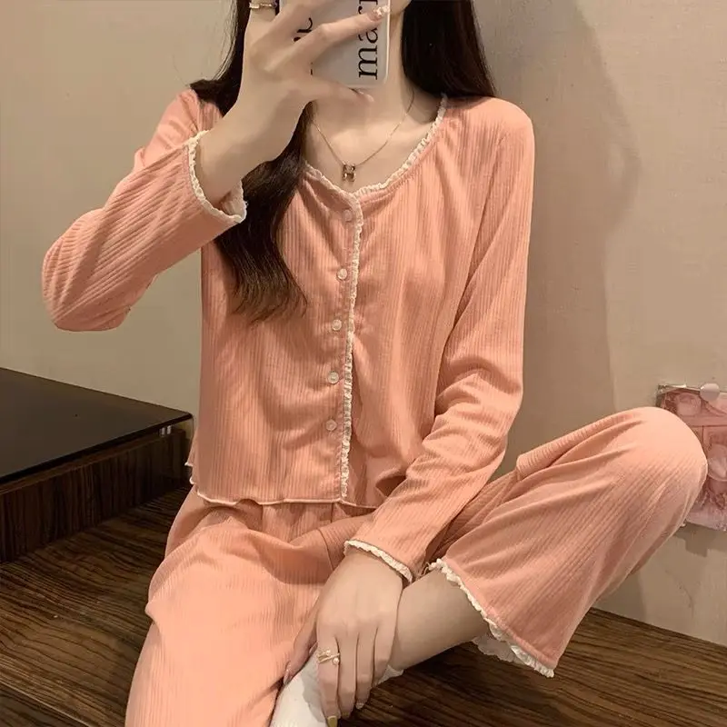 Pajama Sets Women Autumn Spring O-neck Long Sleeve Tops Button-up Sexy High Waist Pants Solid Lounge Wear Soft Casual Sleepwear