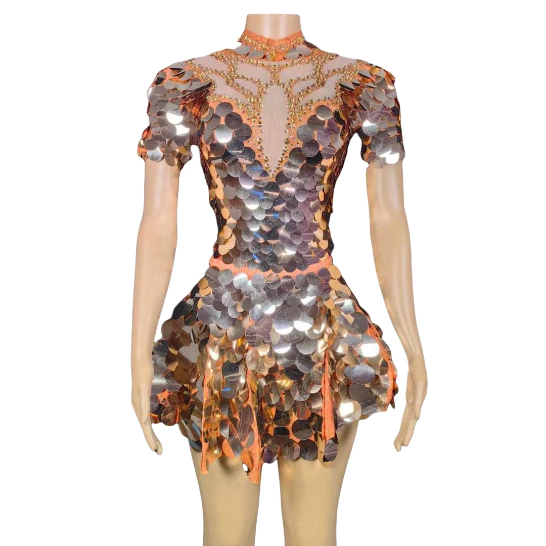 

Short Sleeve Round Sequins Mini Sexy Dress For Women Stunning Dance Singer Stage Wear Drag Queen Costume Champagne Las Vegas