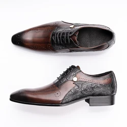 Newest Fashion Mens Wedding Dress Brogue Shoes Plus Size Genuine Leather Lace-up Color Match Handmade Man Pointed Dress Shoes