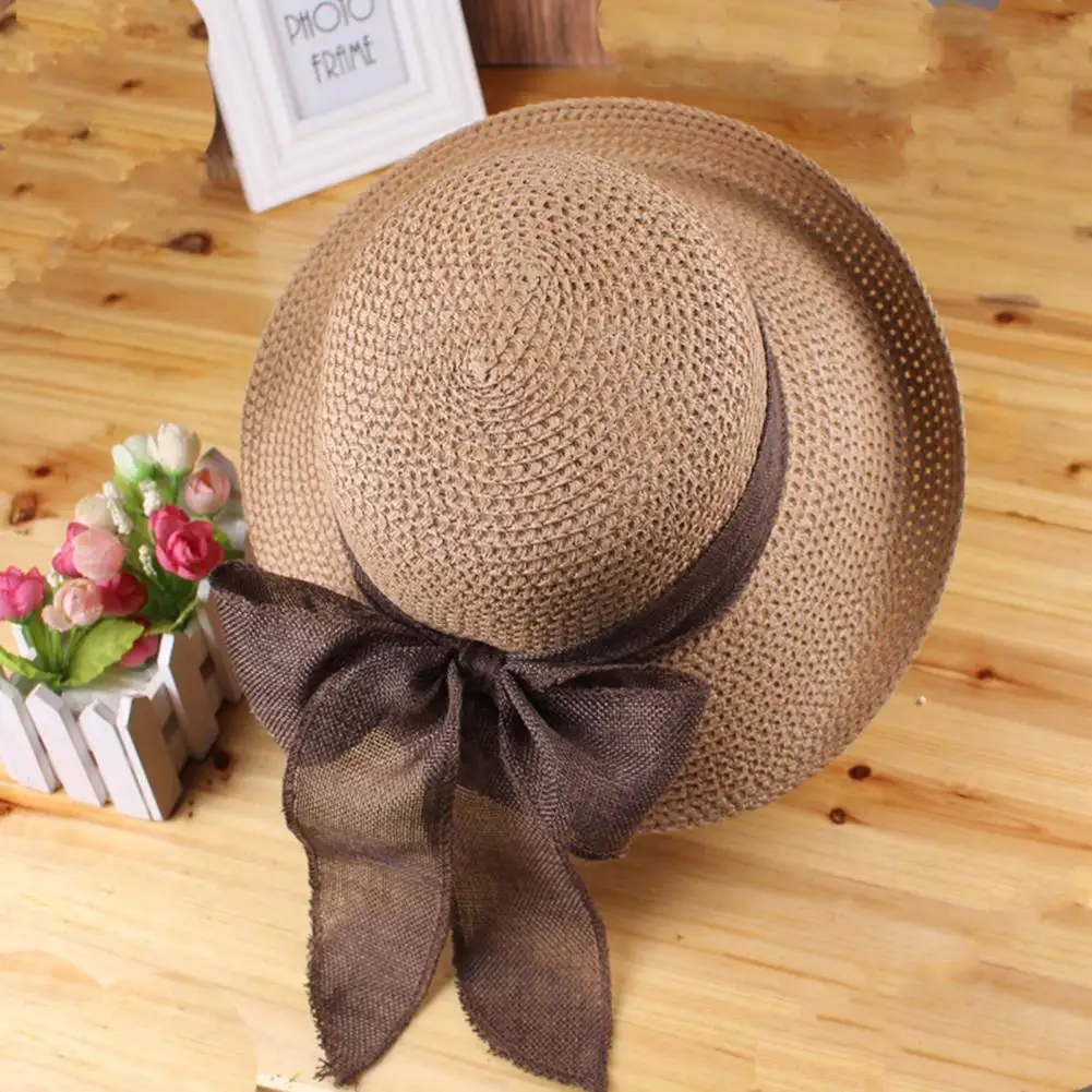 Ribbon Bowknot Decor Straw Hat Round Dome Solid Color Folding Women Big Brim Sunscreen Travel Beach Hat Sunshade Straw Hat