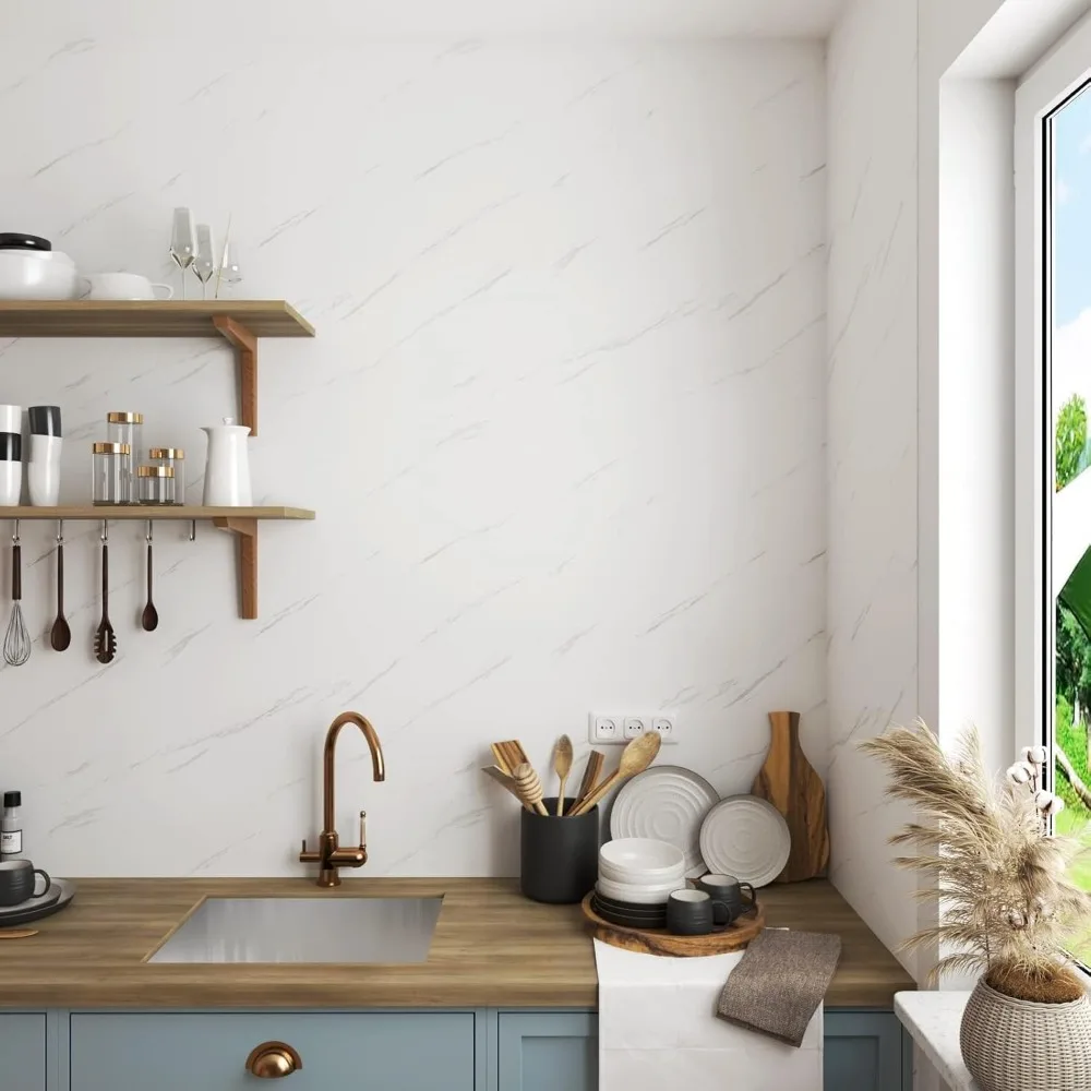 ورق جدران قابل للتقشير واللصق من الرخام الأبيض مقاوم للماء ذاتي اللصق لأسطح الكونترتوب والرش الخلفية، 36 × 160 بوصة، اتصال رخامي P #4