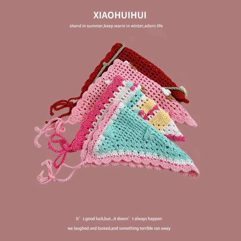 Dopamine Contrasting Color Knitted Triangular Hair Scaf for Women Spring Autumn Travel Photo Versatile Fashion Sweet Headband
