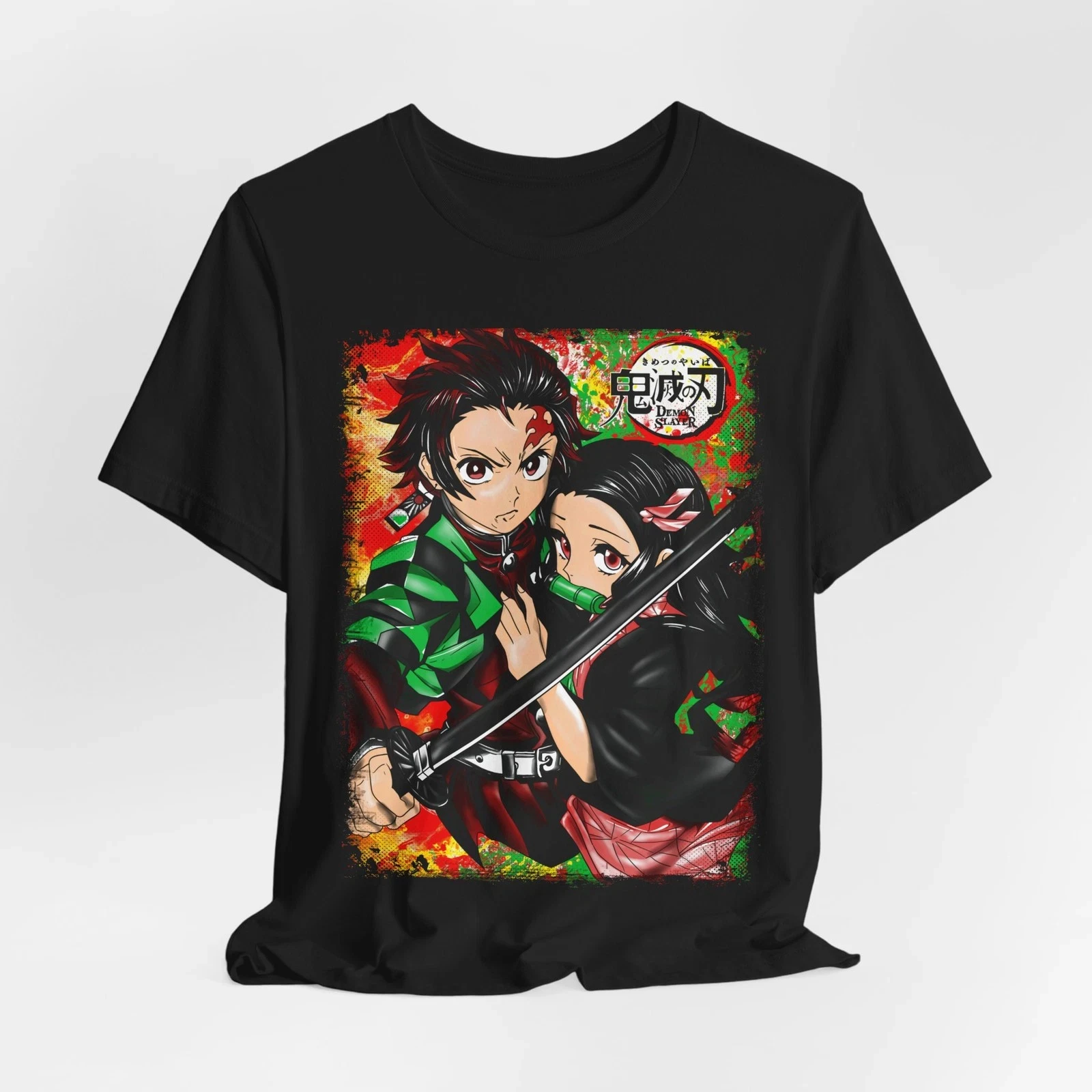 2026 Neujahr Tanjiro und Nezuko T-Shirt, Japanische Anime-Kunst, Dämonentöter-Muster Shirt, Herren Rundhals Kurzarm T-Shirt