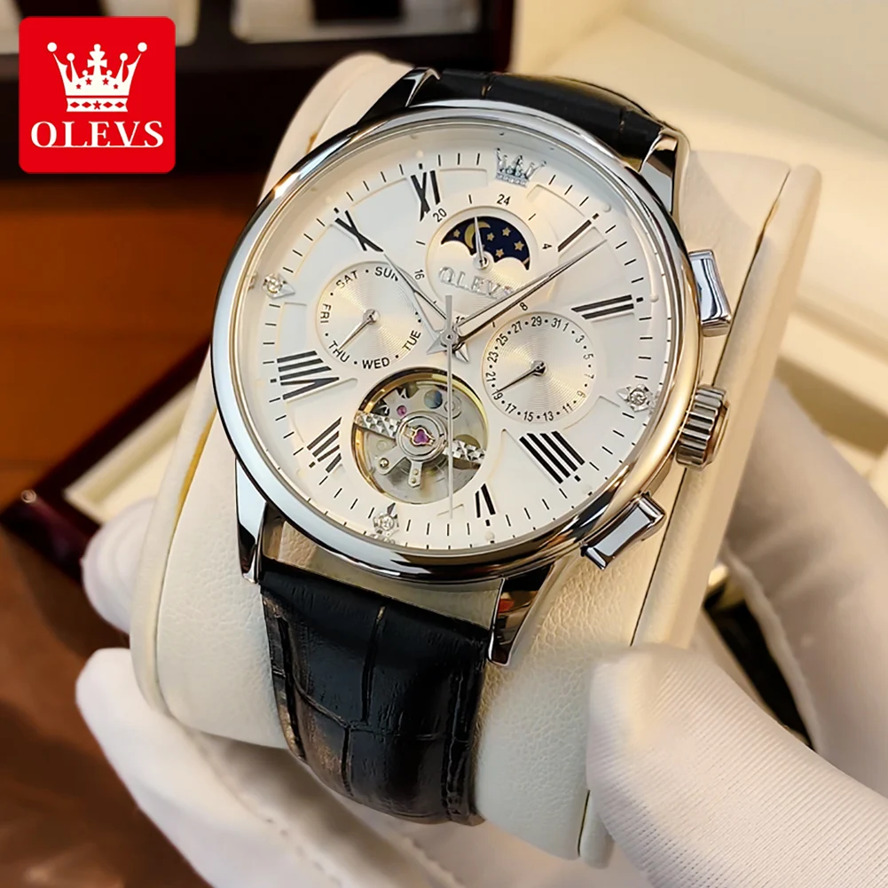 OLEVS 9912 Men Watch Classic Flywheel Skeleton Men Automatic Mechanical Watch Luxury Brand Waterproof Moonphase Men Watch Reloj