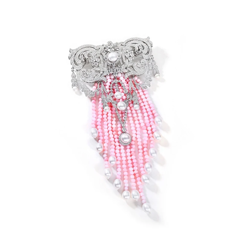 Bellux S925 Natural Pearl Brooch Fine Light Luxury Pink Beads Queen Shell Tassel Vintage Jewelry Brooches