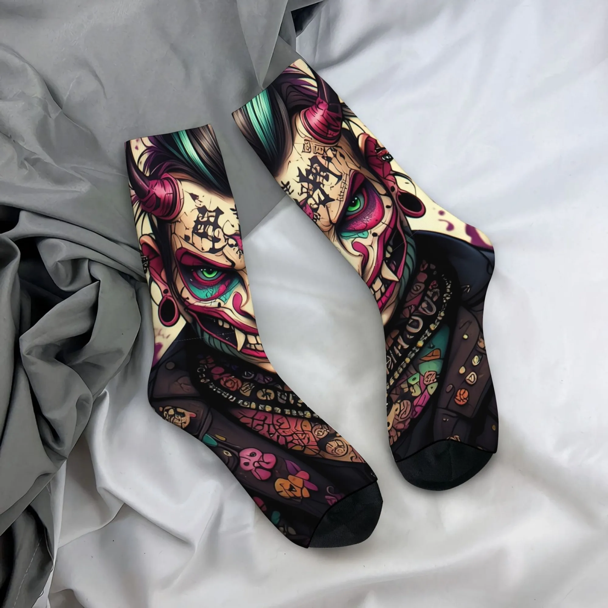 

Japanese-style Dark Mid-calf Socks with An Oni Mask Design Retro Harajuku Anime Style Comfortable Breathable Delightful Gift