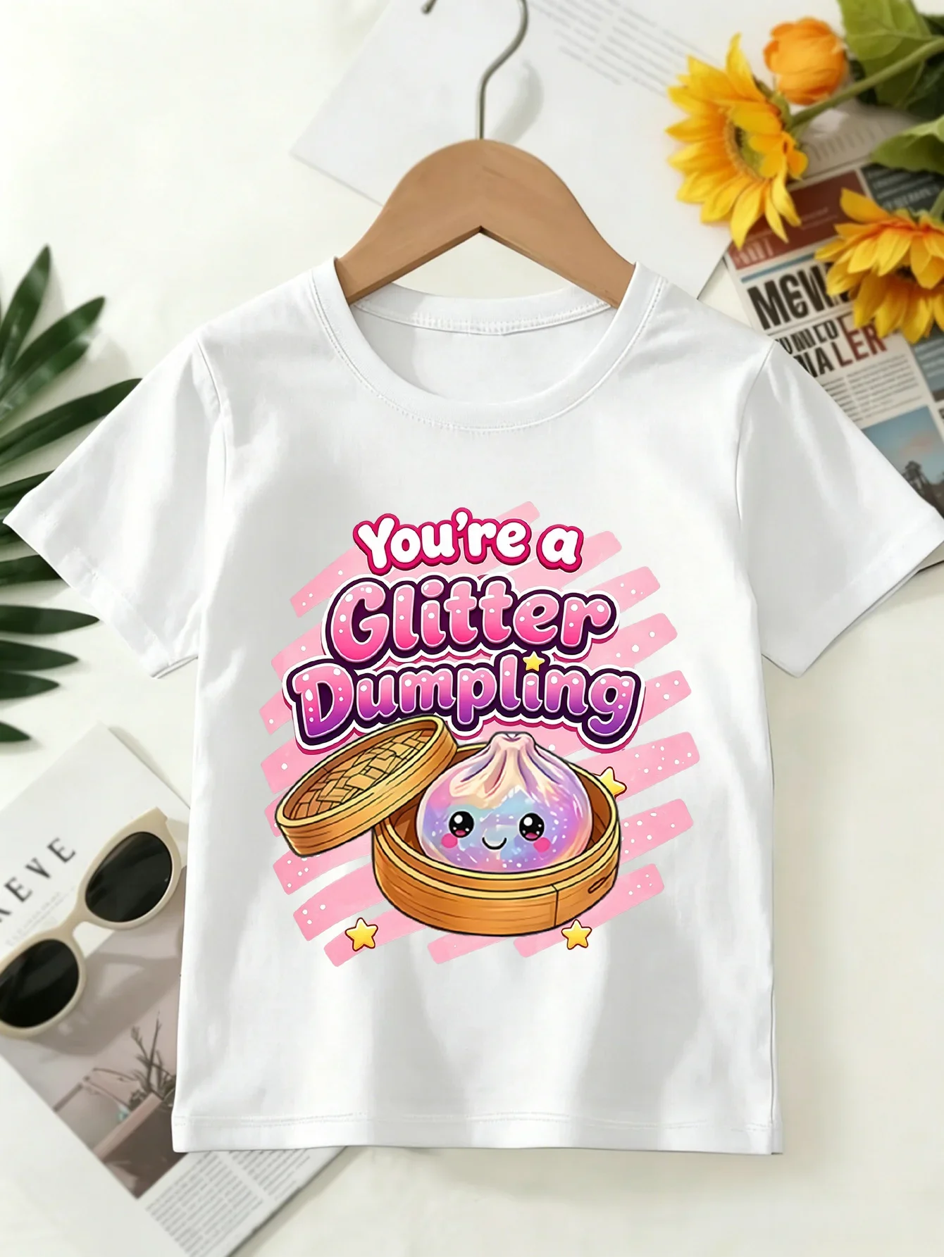Kawaii Glitter Dumpling Bamboo Steamer Cartoon Graphic Kids T Shirt Boys Girls Family Matching Summer Crew Neck Casual Tee