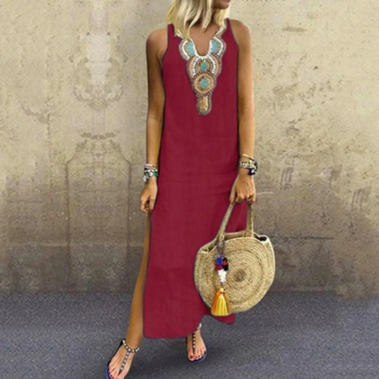 Bohemian Neck Casual Dresses Loose Fit Sleeveless Ethic Style  Slip Dress for Hot Days Beach Wear