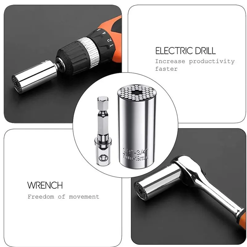 Multifunctional Silvery 7 to 19mm Magic Socket Multi Purpose Wrench Extension Rod Electric Hand Drill Screw Tool Set