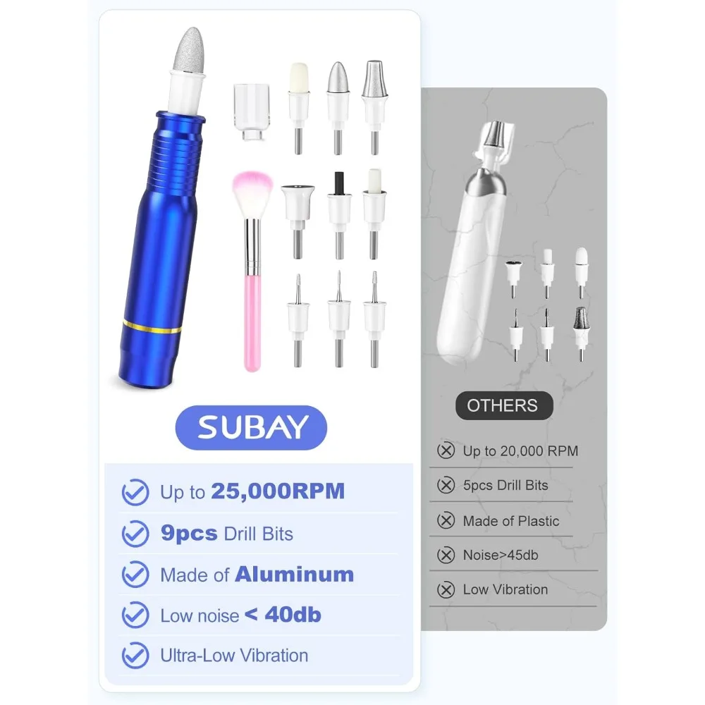 Profesjonalny zestaw do manicure i pedicure Subay, elektryczny frezarka do paznokci z wyświetlaczem LED, 25000 obr./min, 11 elementów plus 20 szlifów