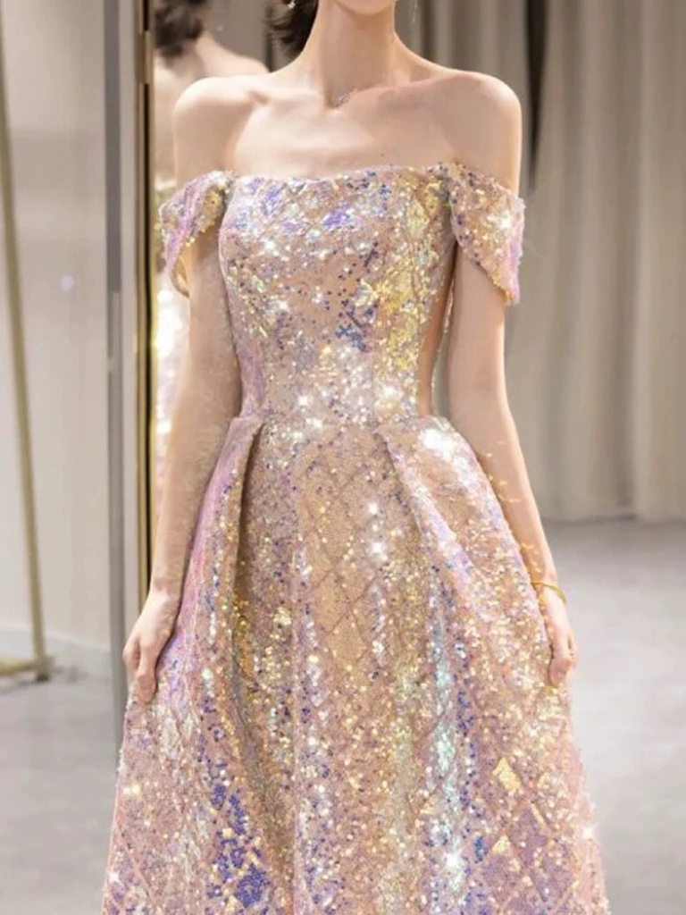 Shiny Pink Sequins Prom Dresses Boat Neck Off The Shoulder A-line Bling Bling Chapel Train Woman Celebrity Evening Gowns 2024