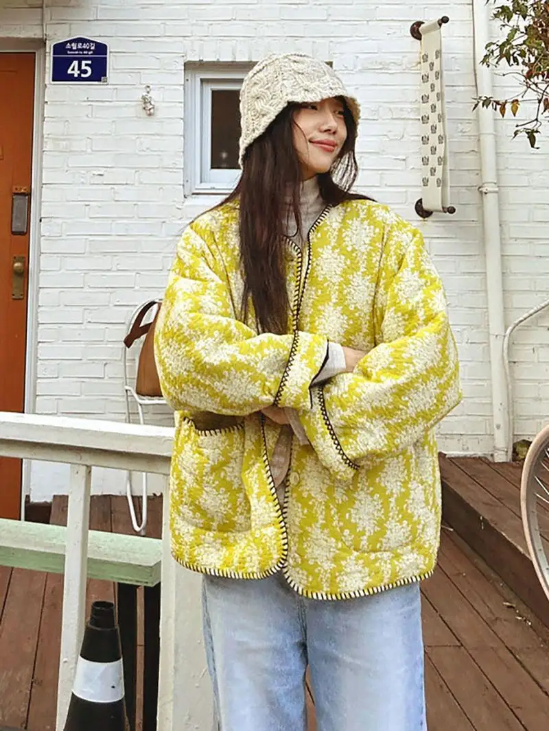 

Warm Lightweight Embroidered round Ne Loose Cotton Jaet Women's Cotton Coat Comfortable Print Casual Sle Long Sve