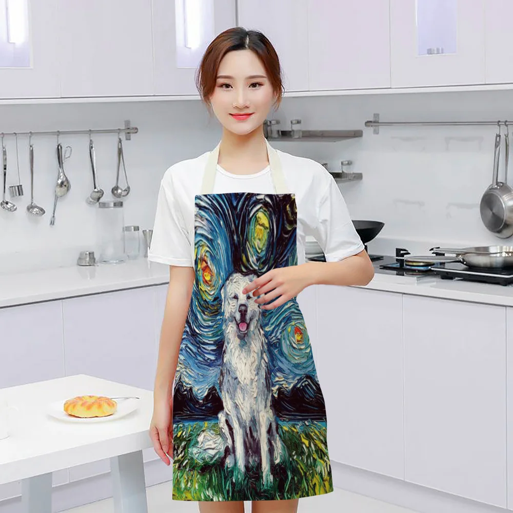 Oil Painting Style Apron Starry Sky Background Dog Creative Cotton Linen Parent-child Apron Kitchen Household