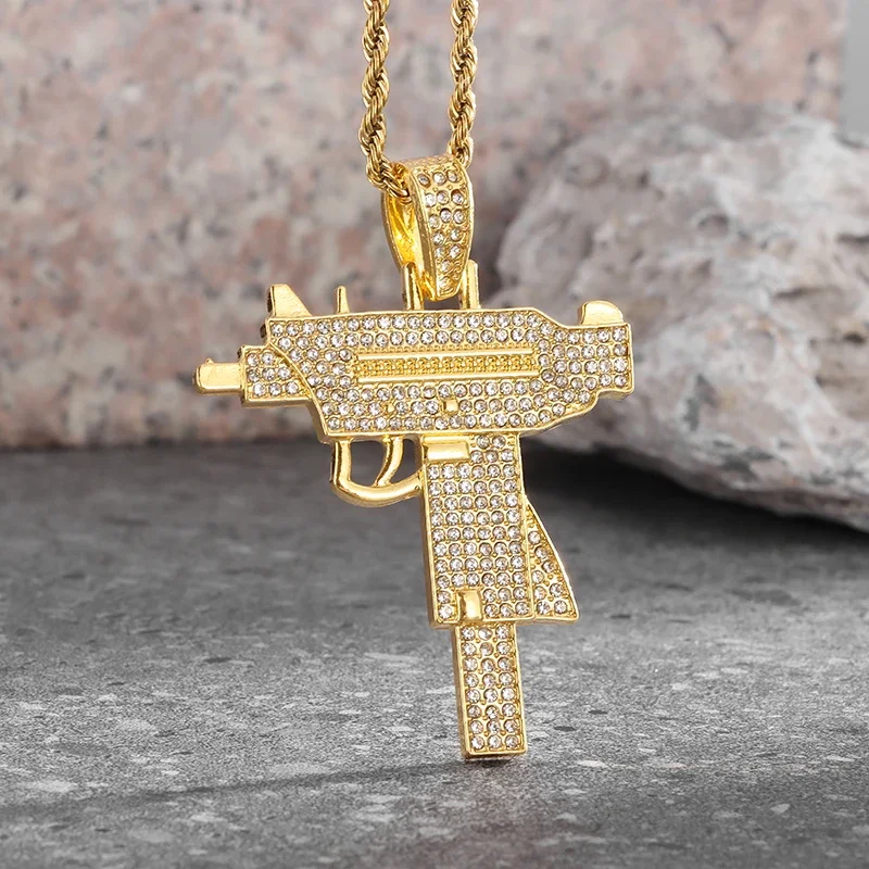 Hip Hop Super Flash Submachine Gun Zircon Twist Chain Pendant Necklace Perfect for Men Gun Lovers Jewelry Gift