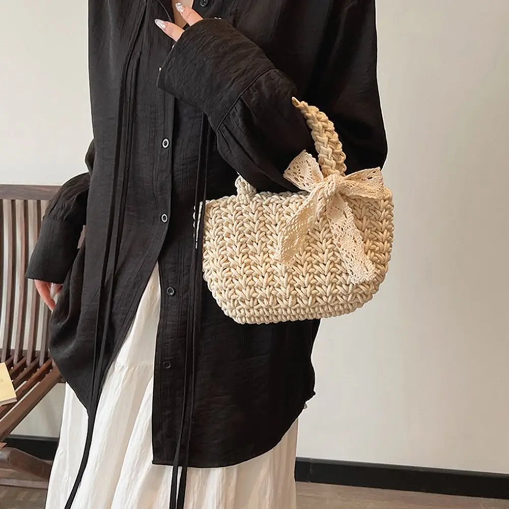 

Handmade Hollow Out Beach Straw Bag Lace Bowknot Elegant Braided Underarm Bag Tote Large Capacity Bucket Bag Travel