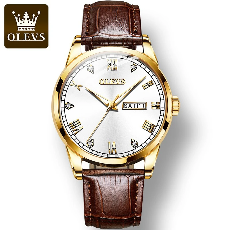 

OLEVS 6896, модные кварцевые часы, подарок, ремешок для часов из натуральной кожи, наручные часы с круглым циферблатом, дисплей недели, светящийся календарь