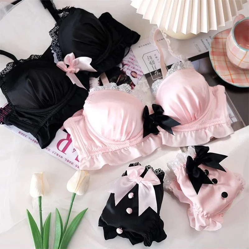 Kawaii Japanese Lolita Lingerie Set - Cute Bow Bra Cover & Panties For Small Chest, Pure Sexy Teen G