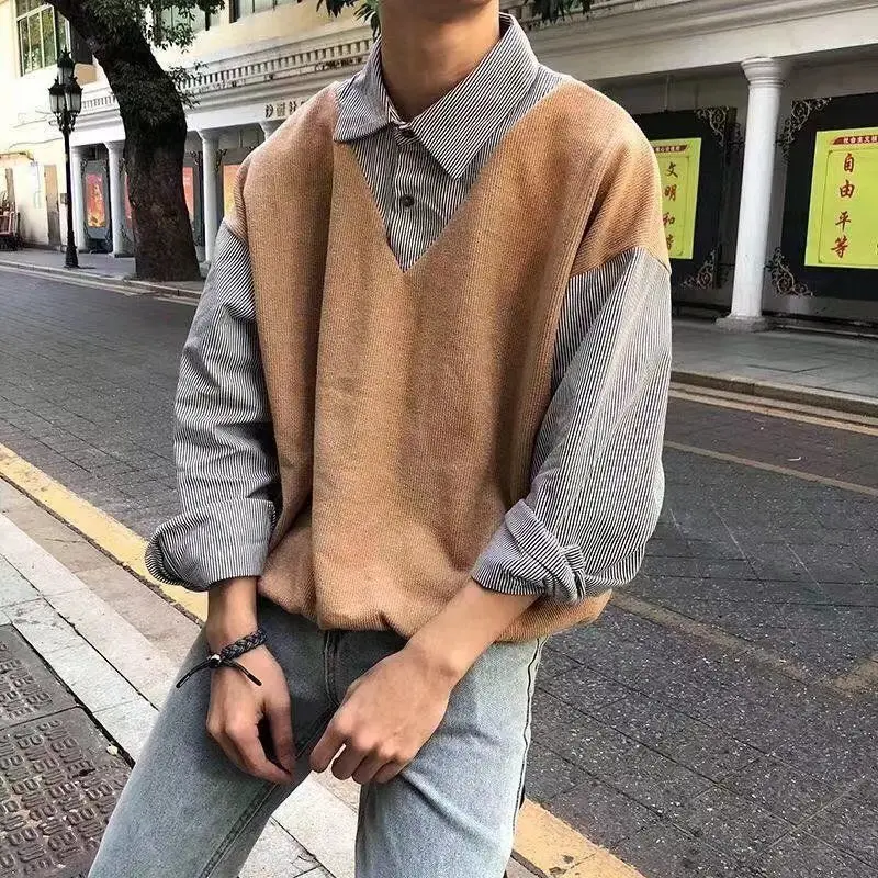 Korean Sweater Men\'s 2024 Autumn New Item Spliced Square Collar Button Striped Pocket Fashion Slim Long Sleeved Knitted Shirts