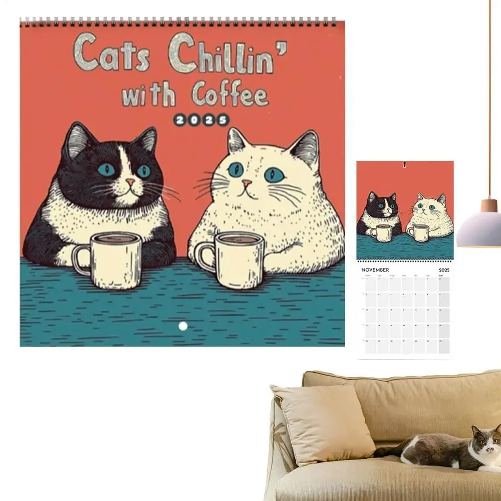 Gato design gatos e café calendário de parede pendurado dos desenhos animados encantador gato calendário bonito 2025 calendário de parede planejador organizador