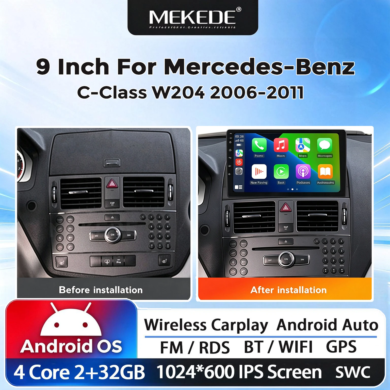 MEKEDE Android Car Radio For Mercedes-Benz C-Class W204 2006-2011 Wireless CarPlay Android Auto GPS Car Multimedia Player FM BT