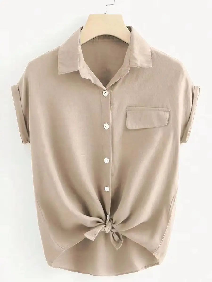 

Khaki Collared Cuff Sleeve Shirt with Inset Pocket, Twist Knot Hem Casual Blouse