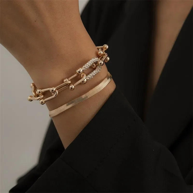 Trendy Personality Metal Snake Bone Bracelet Women Vintage Rhinestone U Shape Horseshoe Square Buckle Hip Hop Hand Accessory