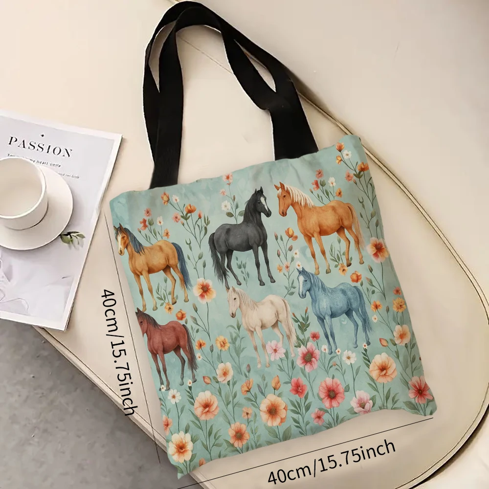 

Horse & Floral Design Shopping Bag Adorable Bags for Outdoor Parties Travel Shoulder Girl Large Capacity Tote Bags 7.3