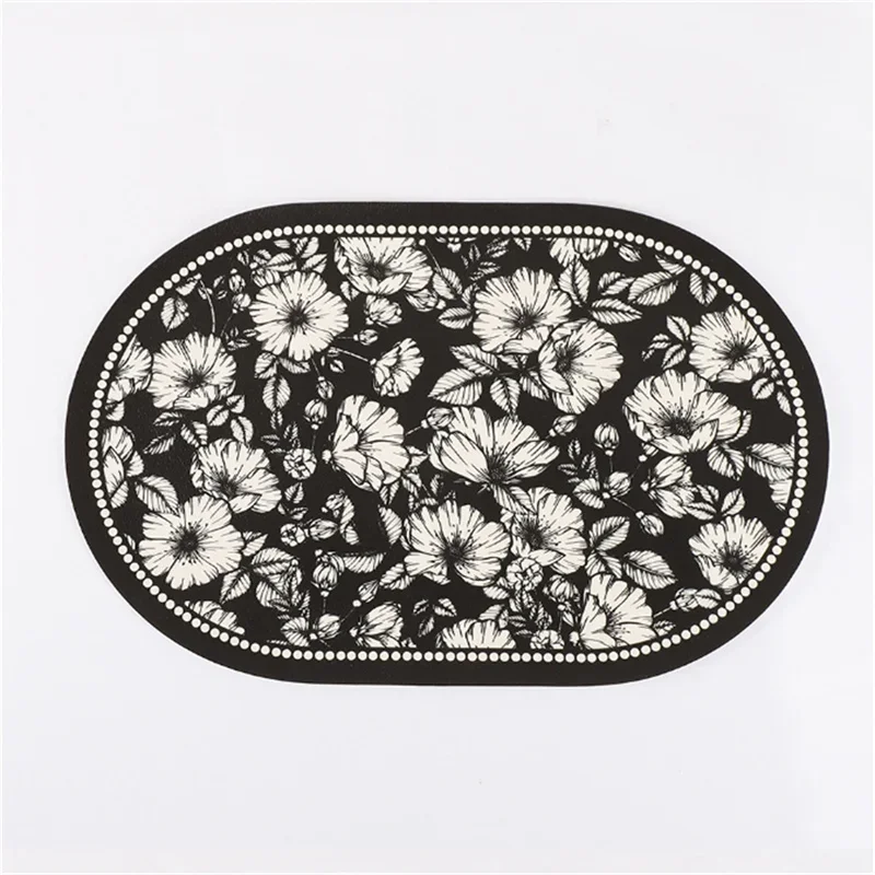 

Black White Flower Oval PU Placemats Waterproof Non-Slip Insulation Leather Table Mats Christmas Coaster Cup