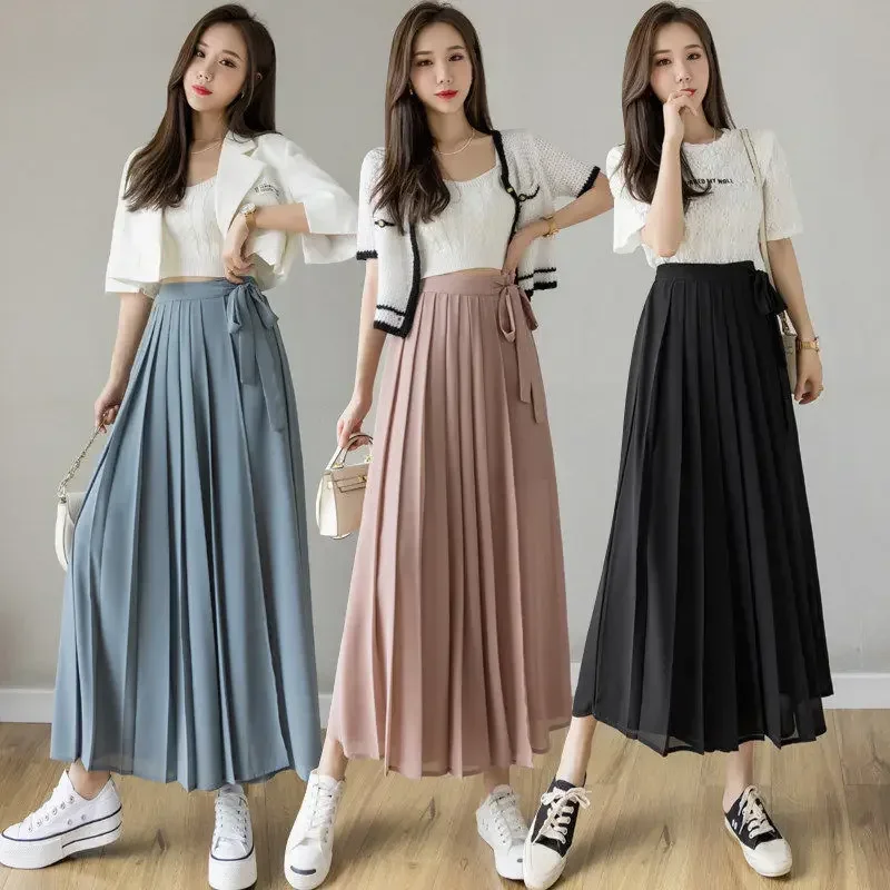 Summer New Style Korean Women Big Hem Skirt Trousers Pleated Chiffon Trousers High Waist Pants Hakama Casual Wide Leg Pantalones