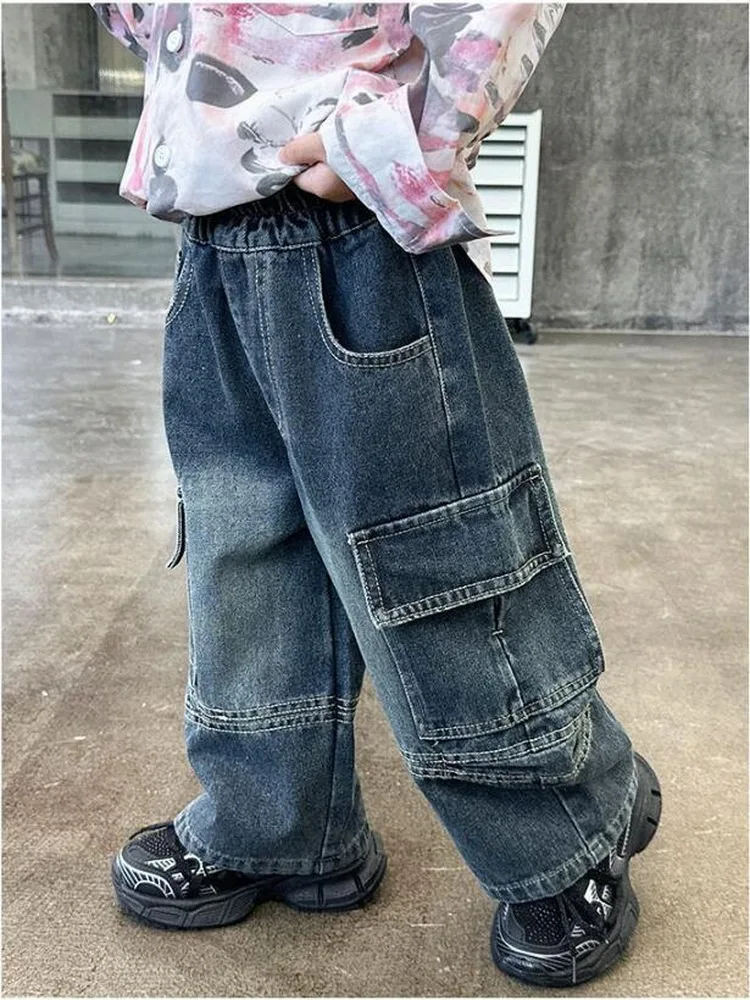 

Модные весенне-осенние джинсы для мальчиков, детская осенняя уличная одежда в стиле хип-хоп, повседневные джинсовые брюки, школьные детские винтажные джинсовые брюки, От 2 до 10 лет