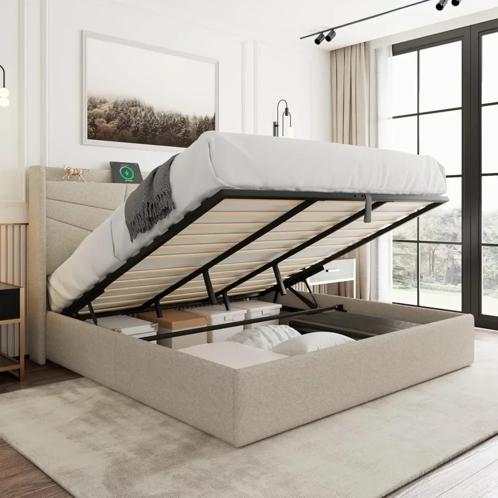 

King Size Lift Up Storage Bed Frame with Charging Station, Upholstered Platform Bed Frame with Headboard, Hydraulic Storage