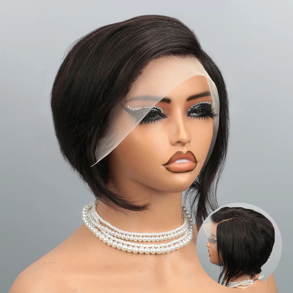 13x4 Lace Frontal Wig Short Pixie Cut Wigs For Women Remy Straight Human Hair Transparent Side Part Gluess Lace Bob Wig 200%