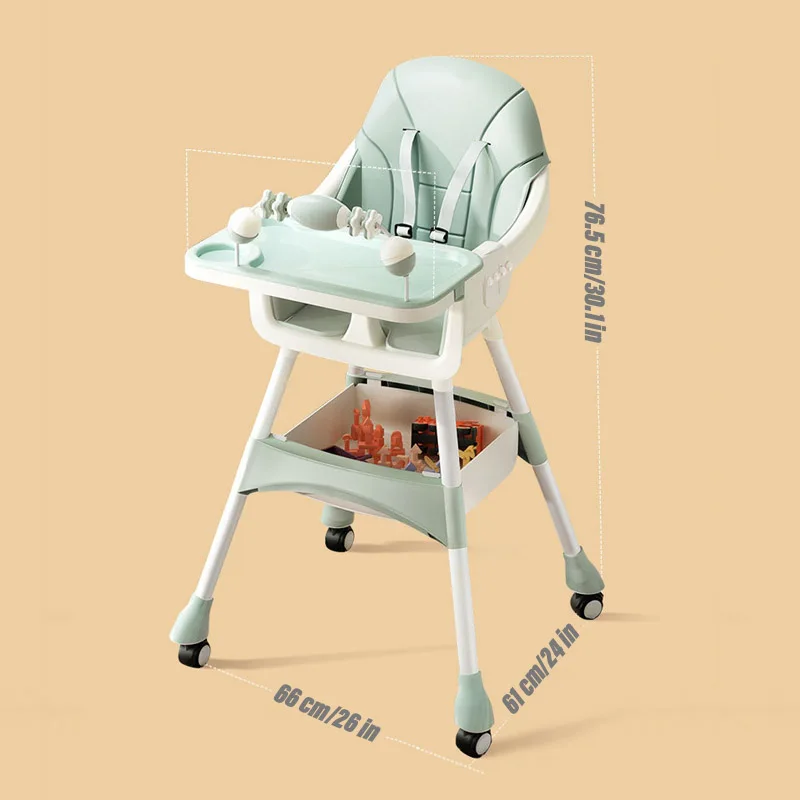 Multi-functional Baby High Chair Adjustable Height Infant Feeding Chair with Double Trays and Wheels for 1-3 Years Old